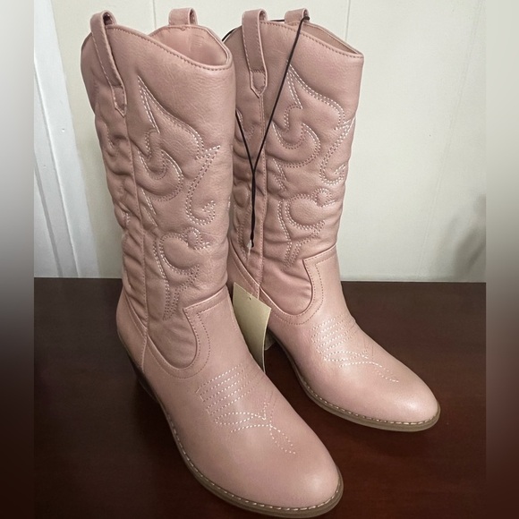 Cowgirl Boots pink faux leather Mid-Calf Stiching Western Low Stacked Heel - Picture 4 of 12
